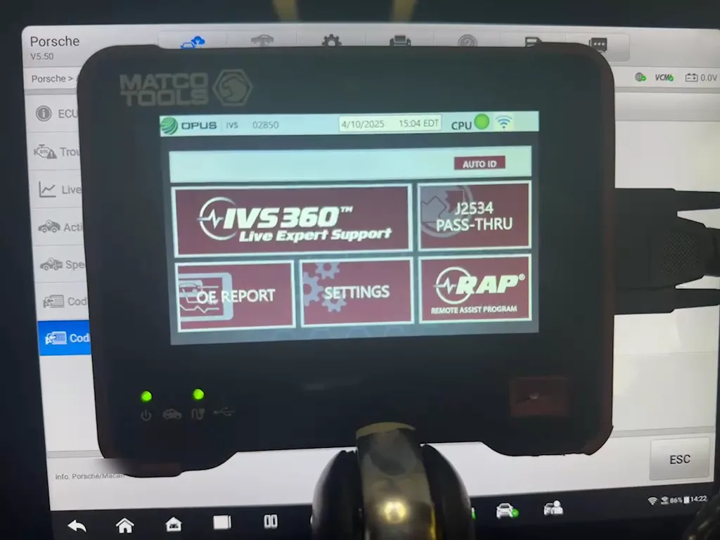 Matco OPUS scan tool running Porsche factory diagnostic software on a Macan at RepairTech Automotive in Kissimmee, with IVS360 live expert support and J2534 pass-through programming available
